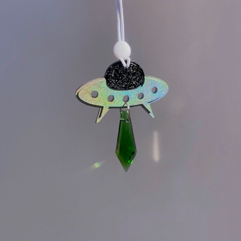 Alien Spaceship Car Charm with Crystal Light Beam, Sun Catcher, Auto Rear View Mirror Accessories, New Car Gift, Women Festival Rave Decor image 3