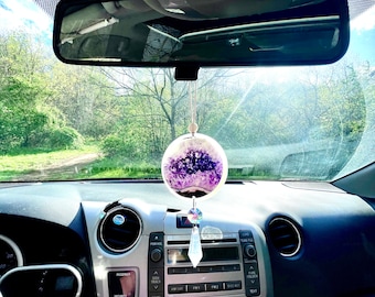 Encanto del coche de geoda de amatista, cazador de sol de cristal, colgante del espejo retrovisor, accesorios para automóviles, regalo de coche nuevo para ella, decoración terrosa bruja para las mujeres