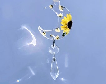 Floral Crescent Moon Car Charm, Sunflower Crystal Suncatcher, Auto Rear View Mirror Accessories, BOHO Minimalist Dainty Decor, New Car Gift
