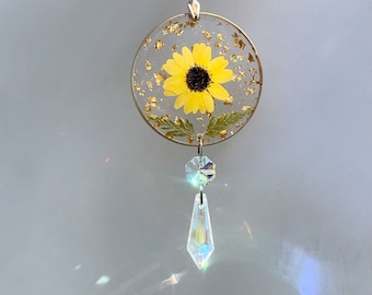 Sunflower or Daisy Car Charm, Crystal Suncatcher, Rearview Mirror Hang, Auto Accessories, New Car Gift For Her, Cute Flower Decor For Women