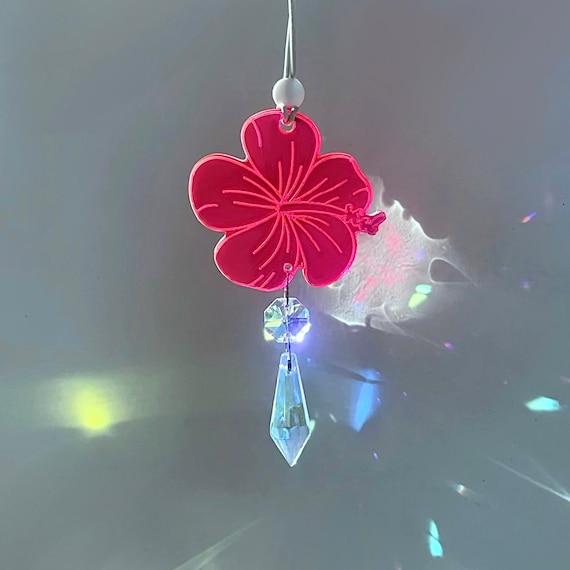 Hibiscus Flower Car Charm, Hawaiian, Car Accessories, Car Decor, Crystal Suncatcher For Car, Rear View Mirror, Pink, Purple, New Car Gift