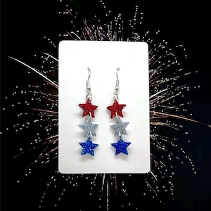 Glitter Red White & Blue Star Dangle Earrings, 4th of July Patriotic Outfit Accessories, USA America Independence Day Drop Jewelry Memorial