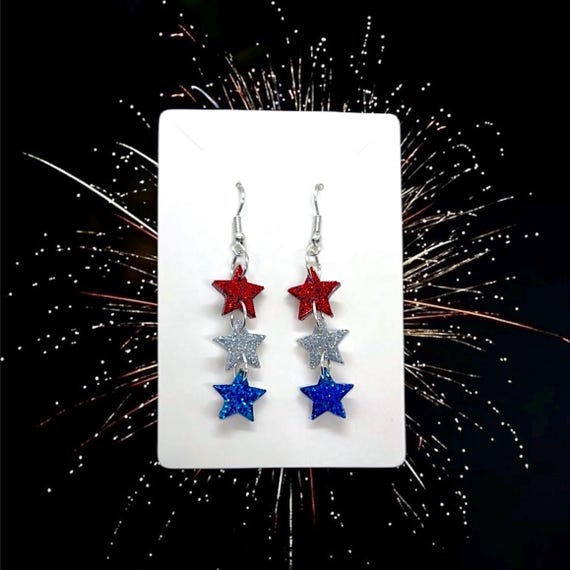 4E Blue & Silver Crystal Star Dangle Earrings – Patriotic Summer Sparkle main image 1