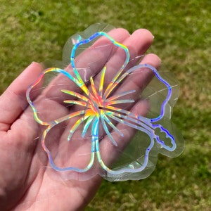 Holographic Hibiscus Flower Suncatcher Sticker, Hawaiian Ocean Beach Decor, Prism Rainbow Maker, Hippie Window Decal, Boho Housewarming Gift