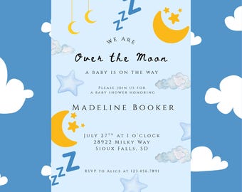 Over the Moon Baby Shower Invitation: Blue Cloud Theme