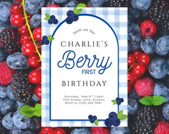 Blueberry First Birthday Party Invitation Template