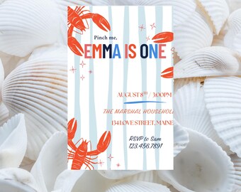 Lobster First Birthday Invitation Template: Themed Party (Digital)