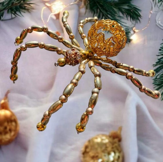 Christmas Spider #O4 Gold filigree and rhinestones Ornament