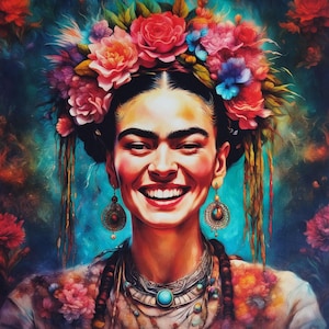 May include: A colourful portrait of a woman wearing a floral crown and elaborate jewellery. The artwork shows a smiling face with dark eyebrows and a detailed necklace with a turquoise stone. The background is a mix of blues and greens.