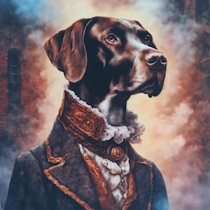 May include: A brown and white dog wearing a dark blue jacket with gold trim and a white lace collar. The dog is looking to the right and has a serious expression. The background is a blurry image of a brick building and clouds.