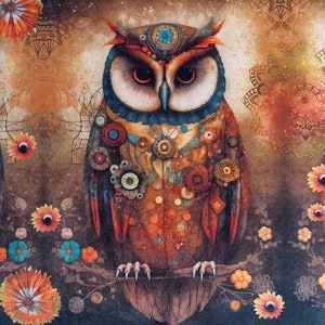 BOHO Owl, Velour Panel, Pillow Panel, Chair Seat Cover, Wall Art, 44x44cm, 17.3"x17.3", Tote Bag