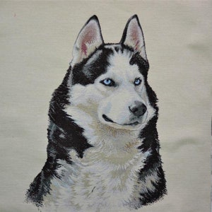 May include: A detailed textile portrait of a Siberian Husky dog. The dog has striking blue eyes, black and white fur, and erect ears. The artwork is set against a neutral background, highlighting the dog's features.