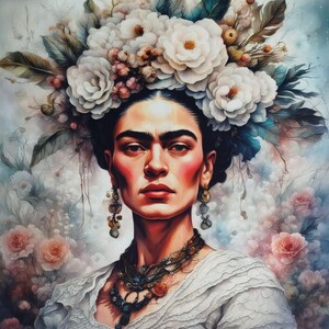 Peut inclure: Portrait d'une femme aux cheveux foncés, aux sourcils prononcés et aux joues rouges, ornée d'une grande coiffe florale de roses blanches et d'autres fleurs. Elle porte une robe blanche et des bijoux ornés, dont des boucles d'oreilles et un collier. L'arrière-plan présente des éléments floraux doux et flous.