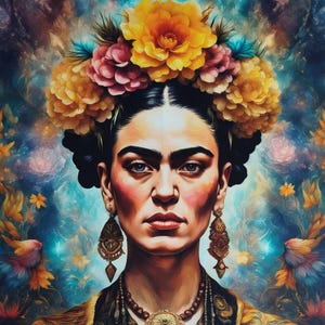 Può includere: Ritratto di una donna con capelli scuri, una corona floreale di fiori gialli e rosa, orecchini d'oro e una collana di perline. Ha un'espressione seria. Lo sfondo presenta un design astratto colorato con motivi floreali e di uccelli.
