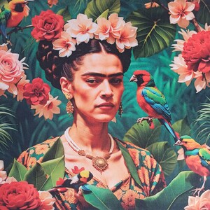 Peut inclure: Une femme aux cheveux foncés et une couronne de fleurs porte une robe colorée à motifs floraux. Elle porte un collier avec un grand pendentif. Trois petits oiseaux sont perchés sur des branches en arrière-plan.