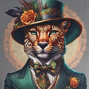 May include: A leopard wearing a green top hat with a floral pattern, a green suit with a floral patterned bow tie and a pocket square, and a single orange rose on the lapel.