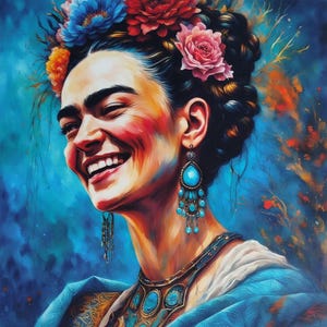 Può includere: Un ritratto vibrante di una donna con una corona floreale e gioielli turchesi. L'opera presenta un volto sorridente con pennellate colorate, su uno sfondo blu. La donna indossa grandi orecchini ornati e una collana.