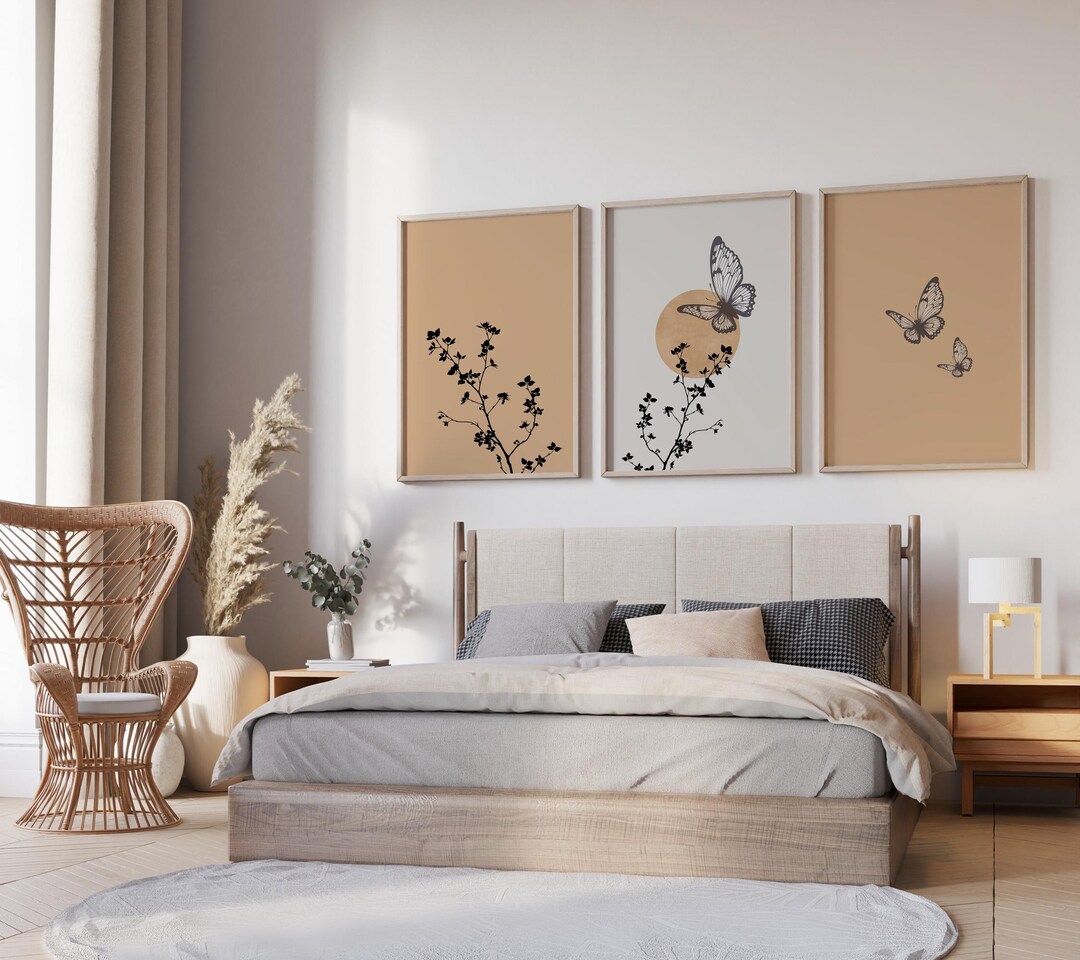 Neutral Butterfly Wall Art Set of 3, Minimalist Botanical Prints, Boho ...