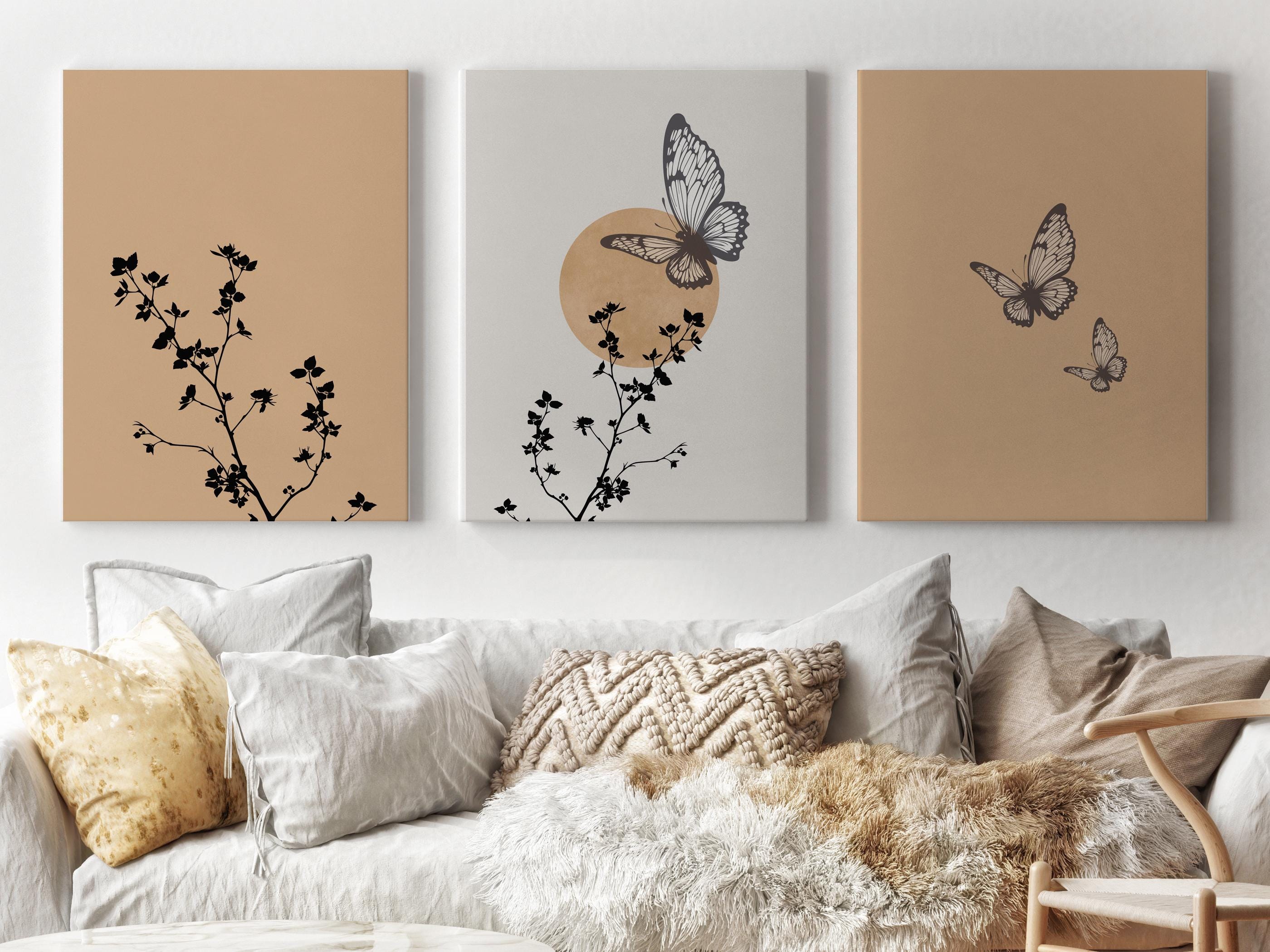 Neutral Butterfly Wall Art Set of 3, Minimalist Botanical Prints, Boho ...