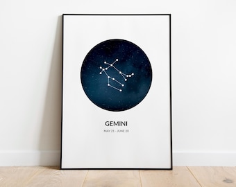 Pôster minimalista com a constelação de Gêmeos, estampa de constelação, decoração astrológica, presente de aniversário para maio/junho.