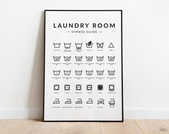 Affiche guide des symboles de la buanderie | Symboles d'entretien du linge | Décoration murale buanderie | Décoration de buanderie | Instructions de lavage