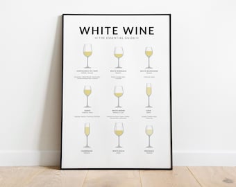 White Wine Guide Poster Minimalist Kitchen Wall Art, Wine Chart Print, Sommelier Gift, Wine Lover Decor, Bar Cart Wall Art