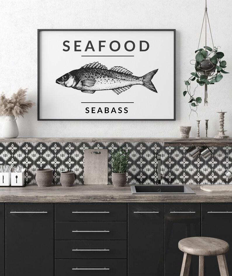 Kitchen Fish Poster Seabass Seafood Poster Vintage Fish Print, Kitchen Wall Art Black White ...