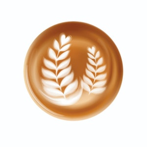 May include: A close-up of a coffee drink with latte art. The drink is a light brown color, and the art features two symmetrical leaf designs in white. The drink is in a round cup, and the background is white.