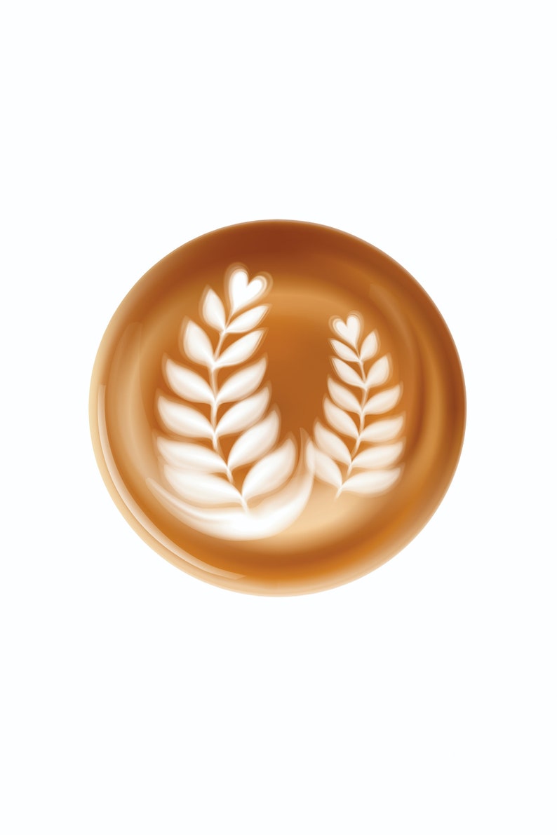 May include: A close-up of a coffee drink with latte art. The drink is a light brown color, and the art features two symmetrical leaf designs in white. The drink is in a round cup, and the background is white.