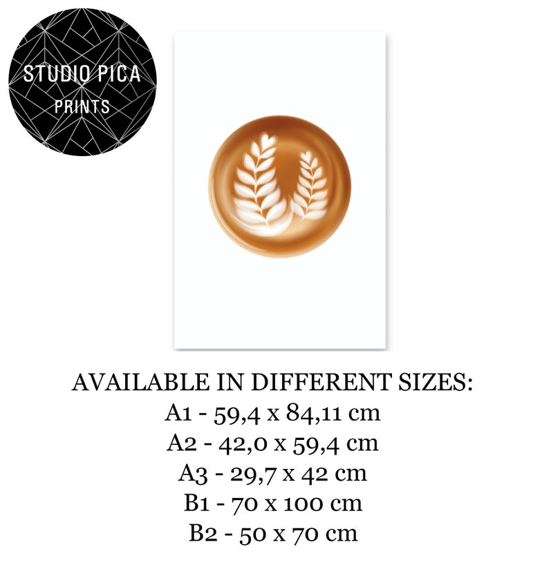 May include: A print featuring a latte art design with two leaf patterns in a brown cup. The print is on a white background with the Studio Pica Prints logo in the upper left corner. Available in various sizes.