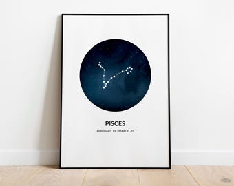 Póster del signo zodiacal Piscis, decoración de pared del signo zodiacal, lámina astrológica, decoración del signo zodiacal, regalo de Piscis, decoración de pared del horóscopo