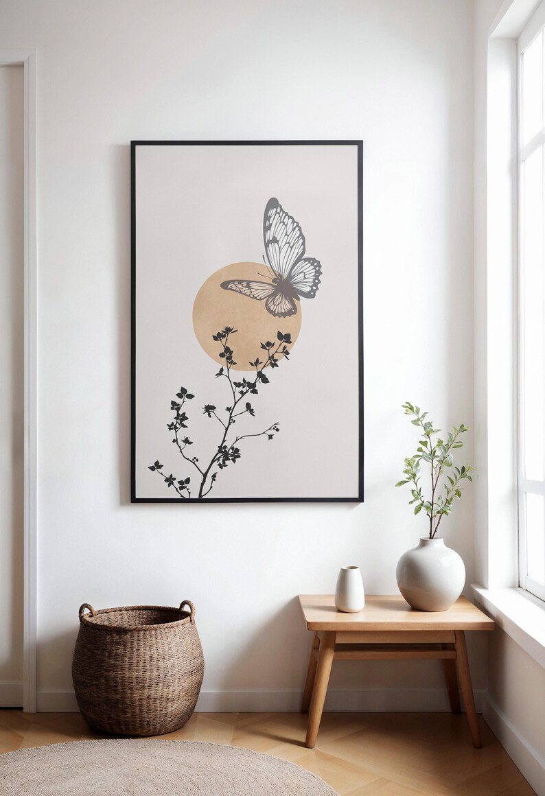 Minimalist Butterfly Wall Art Print, Neutral Botanical Silhouette ...