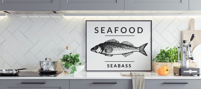 Kitchen Fish Poster Seabass Seafood Poster Vintage Fish Print, Kitchen Wall Art Black White ...
