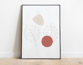 Minimalist Monstera Leaf Line Art Print, Abstract Botanical Wall Art, Modern Neutral Poster, Scandinavian Decor, Boho Plant Print