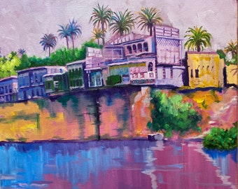 Traditional Baghdadi Houses on Tigris River - in 1930’sOil on stretched canvasبيوت بغدادية مطلة على نهر دجلة - ١٩٣٢ Sold