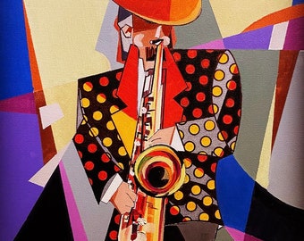 May include: A painting of a person wearing a red hat and a black and yellow polka dot jacket playing a gold saxophone. The background is a geometric pattern of blue, purple, and yellow.