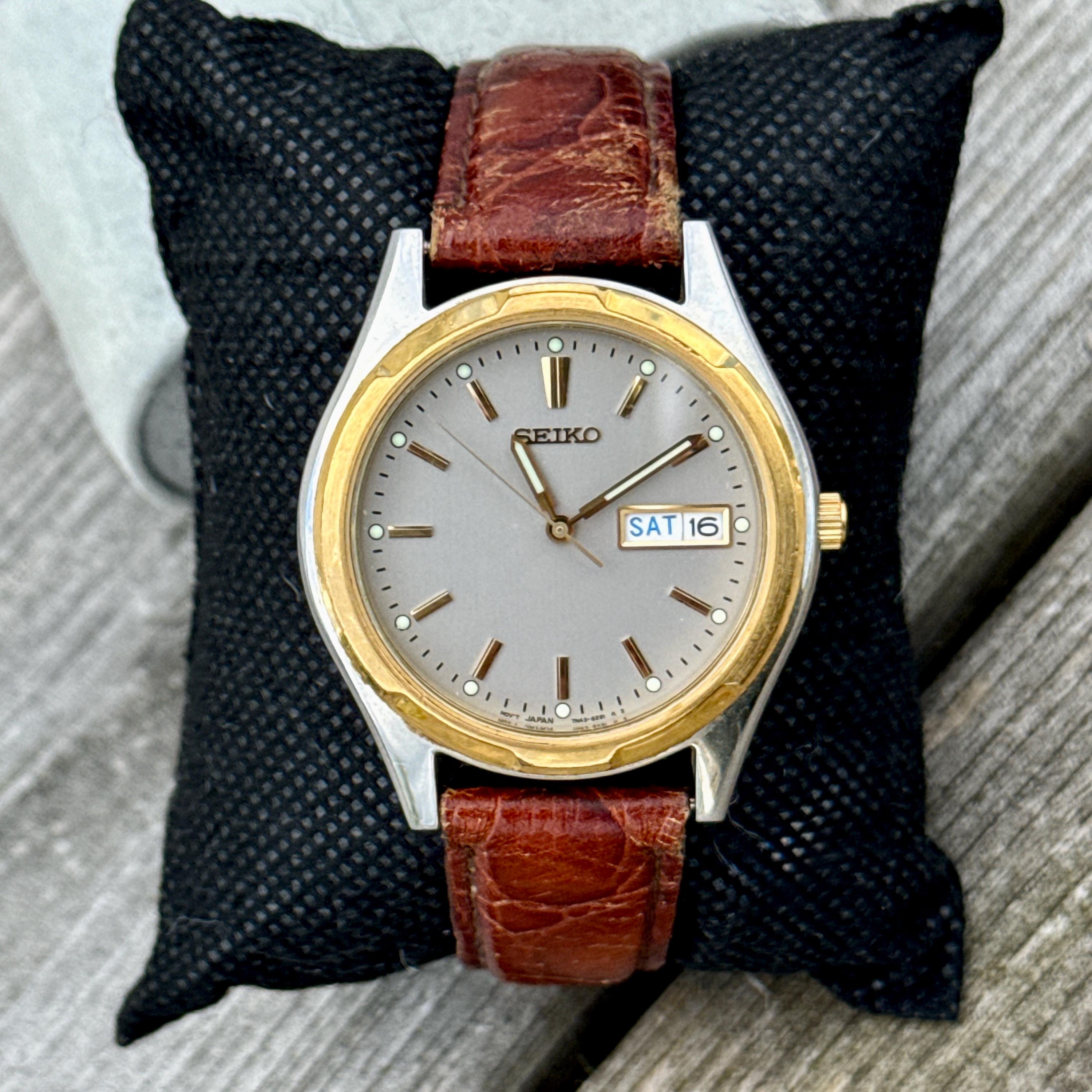 VTG Seiko Women Watch 22MM Cream Dial NEW Pink Leather Bands Battery Up to 6.5\