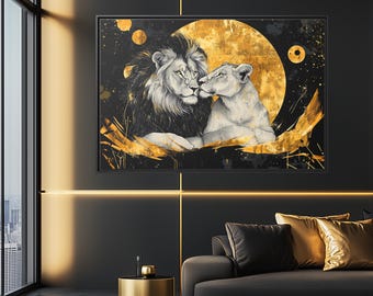 Black and Gold Lion & Lioness Canvas Art: Romantic Pop Art Print