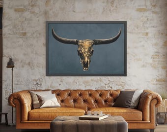"Longhorn Bull ""Skull"" Leinwanddruck: Schwarz-Gold Western-Dekor."