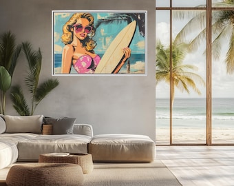 May include: A vintage-style illustration of a woman in a pink bikini holding a surfboard. The background is a blue ocean with palm trees and a beach.