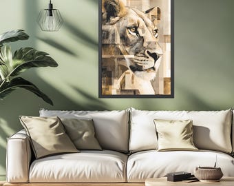 Abstract Lioness Canvas Art: Boho Neutral Tones with Gold Accents