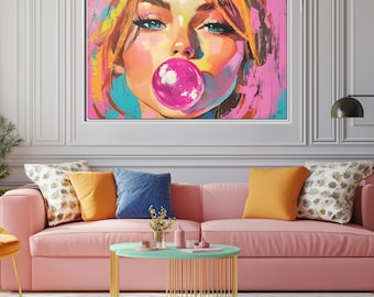 Pop Art Canvas Print: Girl Blowing Bubblegum, Vibrant Portrait