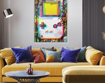 Retro Handheld Gamer Canvas Print: Neon Grungy Game Room Art