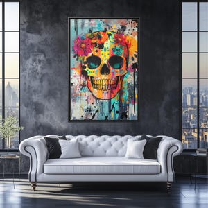 Day of the Dead Skull Wall Art, Street Art Canvas Print, Graffiti Pop Art Gift, Boho Halloween Decor, Bold Skull Floral Poster
