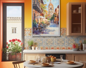 Vibrant Cartagena Street Scene Romantic Couples Dining in Colorful Colombian City Pop Art Canvas Wall Art Street Love Culture Art Travel