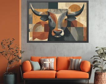 Moderne abstracte stier kunst aan de muur | Neutrale boho-canvasafdruk | Hedendaags westers decor