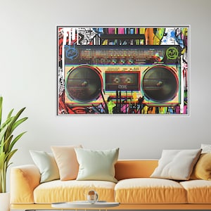 80s Neon Boombox Pop Art Canvas – Urban Street Style Music Lover&#39;s Wall Decor Grunge Pop Art Print on Canvas, Gift for Him or Her