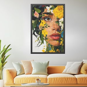 Floral Woman Portrait Wall Art Canvas | Blooming Hair Artwork | Feminine Flower Face Print Decor