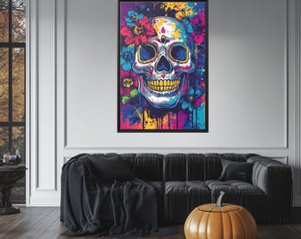 Street Art-canvas bloemenschedel – Kleurrijke graffiti-pop-artprint