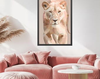 Lioness Wall Art Canvas Print – Modern Abstract Cubism Style with Rose and Gold Accents